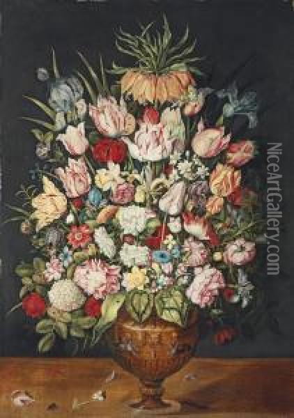 Tulips, Roses, A Chrysanthemum And Other Flowers In A Sculpted Bronze Urn Oil Painting - Osias, the Elder Beert