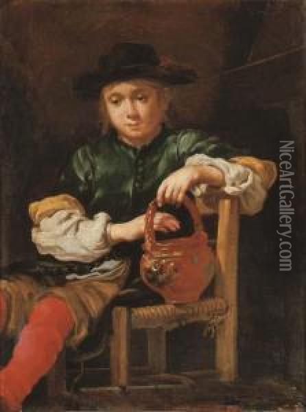 A Boy Seated Holding A Red Pot With His Left Hand Oil Painting - Bernhard Keil