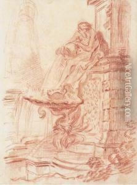 Une Fontaine Avec Un Dieu Fleuve Deversant De L'eau Dans Une Vasquerocaille Oil Painting - Gilles-Marie Oppenord