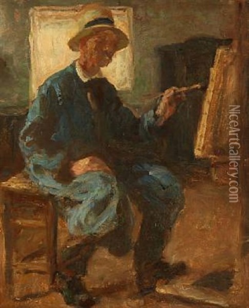 The Artist's Self-portrait At The Easel Oil Painting - Julius Paulsen