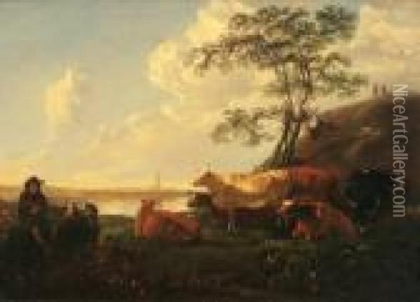 Herdsmen And Cows Resting In A Dutch Landscape Oil Painting - Aelbert Cuyp