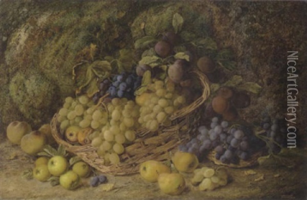 Grapes, Apples, Plums And Blueberries In A Wicker Basket, With Pears And Peaches On A Mossy Bank Oil Painting - Vincent Clare