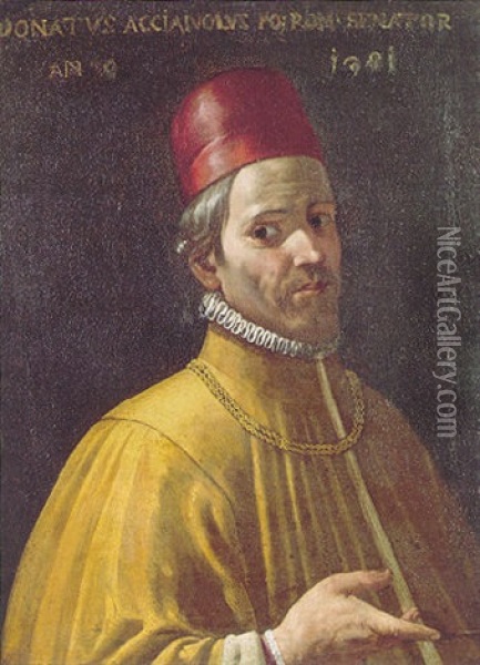 Portrait Of A Gentleman, Wearing 14th Century Costume With A Yellow Tunic, A Red Hat And A Gold Chain Oil Painting - Jacopo (da Empoli) Chimenti