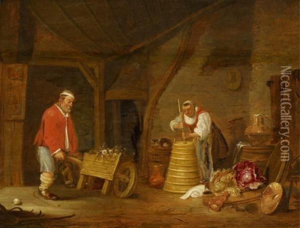 Barn Interior With Two Farmers Oil Painting - Frans, Francois Ryckhals