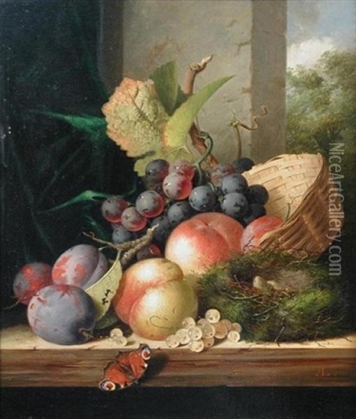 A Still Life Of A Bunch Of Grapes, Plums, Peaches And A Bird's Nest On A Ledge With A Peacock Butterfly Oil Painting - Edward Ladell
