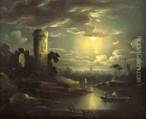 Moonlight River Landscape With Fishermen In Boat In Foreground Oil Painting - Sebastian Pether