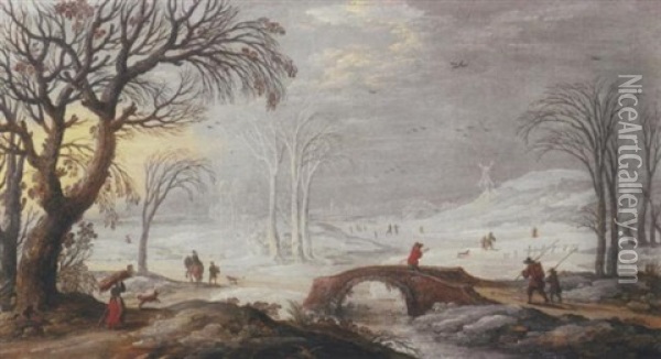 A Winter Landscape With Travellers And Peasants By A Bridge Oil Painting - Joos de Momper the Younger