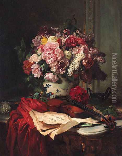 Roses, Peonies, Lilac and other Flowers in a ceramic Vase, behind a Violin and Music Score Oil Painting - Pierre Camille Gontier