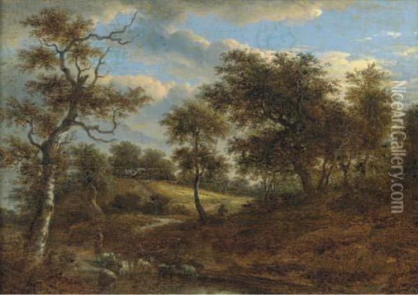 A Wooded Landscape With A Shepherd Driving His Flock Oil Painting - Jacob Van Ruisdael