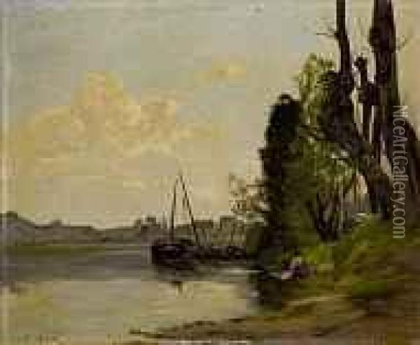 Baumbestandenes Flussufer Mit Voranker Liegendem Boot Oil Painting - Hippolyte Camille Delpy