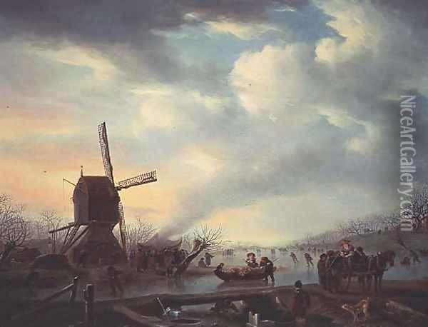 An Extensive Winter Landscape with Figures Skating Oil Painting - Andries Vermeulen