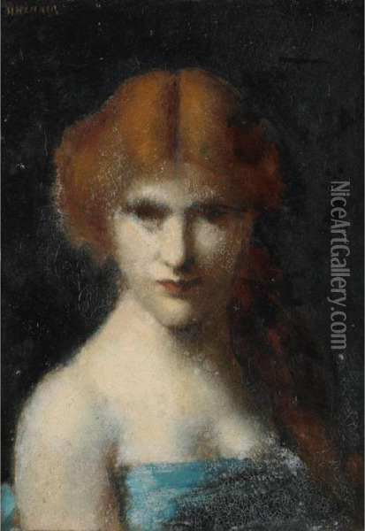 Woman With Red Hair Tied Back Wearing A Blue Dress Oil Painting - Jean-Jacques Henner
