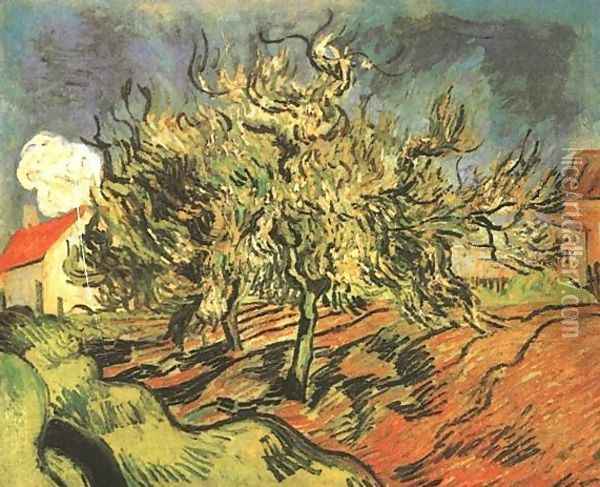 Landscape With Three Trees And A House Oil Painting - Vincent Van Gogh