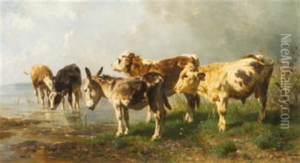 Cows And Donkey Watering In A Landscape Oil Painting - Anton Braith