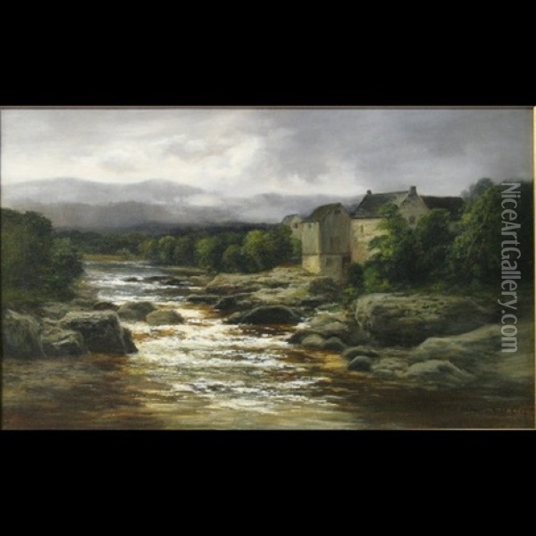 Water Mill Beside A Rocky River Oil Painting - William Beattie Brown