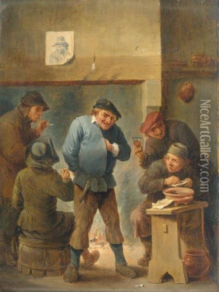 A Tavern Interior With Boors Smoking And Drinking 

 Before A Fireplace Oil Painting - David The Younger Teniers