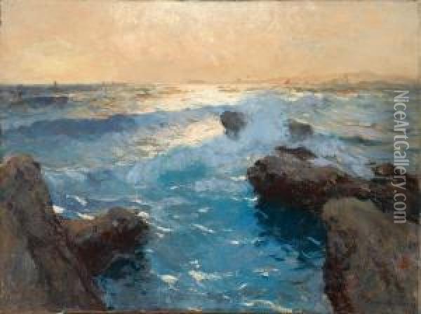 A Rocky Coastline With Crashing Waves Oil Painting - Eugen Karpathy