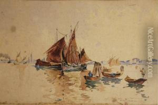 Barche In Laguna Acquarello Su Cartoncino Oil Painting - Aurelio Craffonara