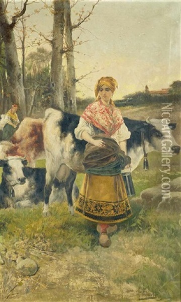 Paisaje Con Lecheras Y Vacas Oil Painting - Manuel Picolo Y Lopez