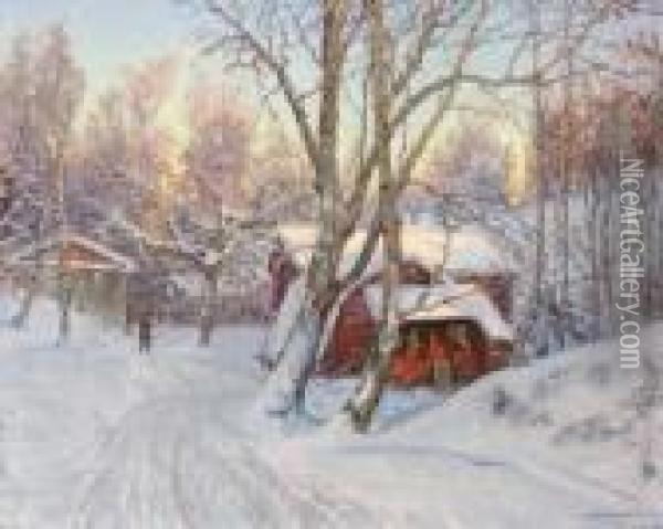 Vinterlandskap Med Figur Oil Painting - Anshelm Schultzberg
