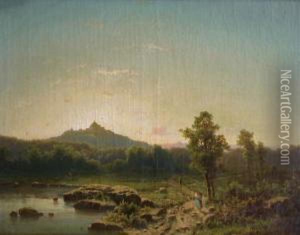 Wandelaars In Een Meerlandschap. Oil Painting - Adolf Chwala