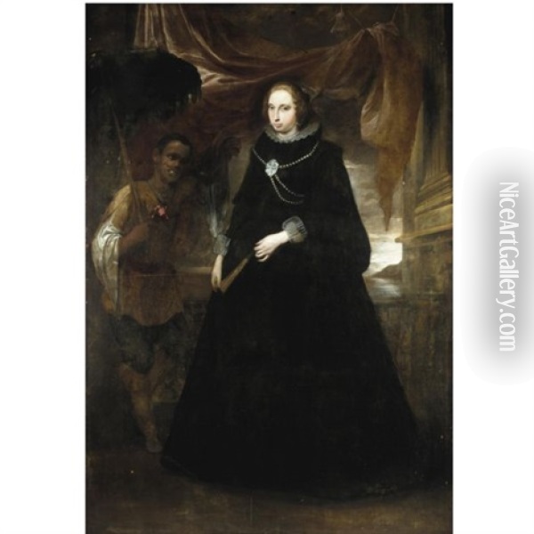 Portrait Of A Lady, Full Length, Holding A Fan, With Her Moorish Attendant Holding A Parasole Oil Painting - Giovanni Bernardo Carboni