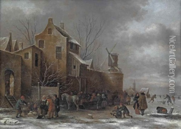 A Winter Landscape With Figures On A Frozen Waterway By A Fortified Town Oil Painting - Nicolaes Molenaer