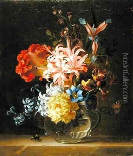 Still Life of Flowers in a Glass Vase, with a Bumble Bee and a Butterfly Oil Painting - Giovanni Boggi
