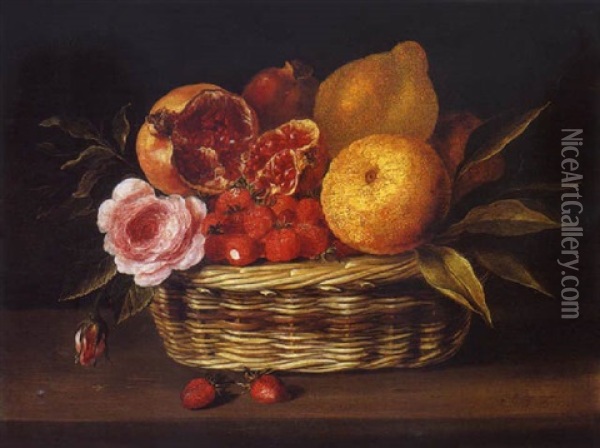 Nature Morte Aux Fraises, Citrons, Roses Et Grenades Dans Une Corbeille D'osier Sur Un Etablement Oil Painting - Jacques Linard