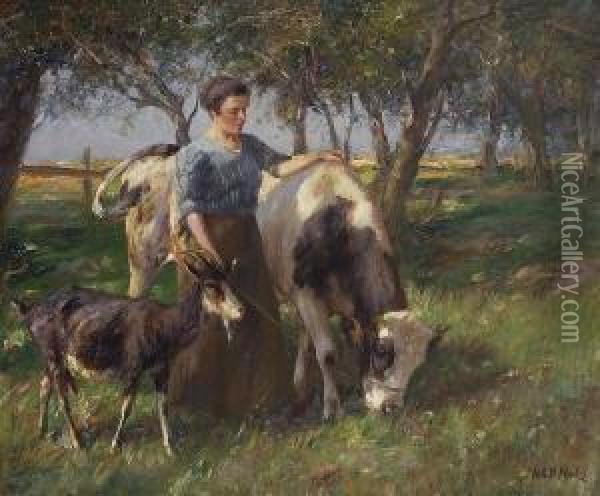 Bauerin Mit Kuh Und
 Ziege. Oil Painting - Johann Daniel Holz