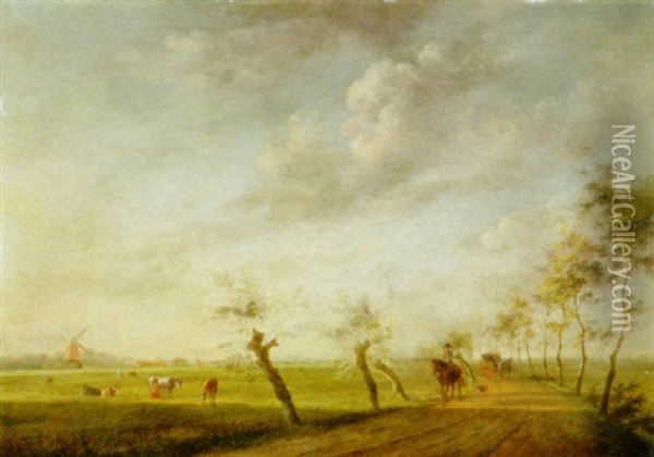A Landscape With Travellers On A Path And Cows In A Field Oil Painting - Johannes I Janson