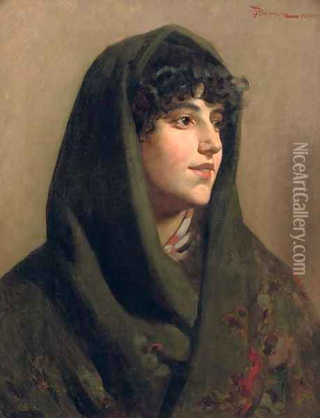 The green shawl Oil Painting - Giuseppe Barison