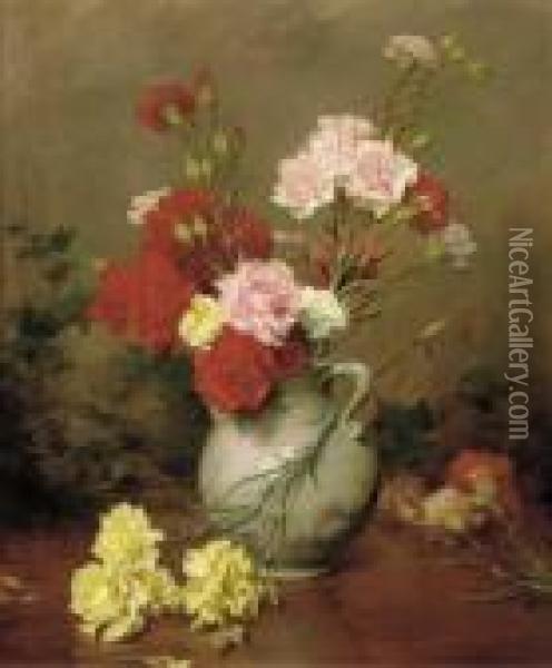 Carnations In A Vase, A Garden Beyond Oil Painting - Gustave Bienvetu