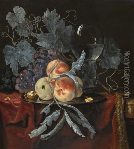 Still Life With Peaches And Grapes On A Pewter Plate, With A Walnut, And A Glass Roemer, All On A Draped Table Oil Painting - Willem Van Aelst