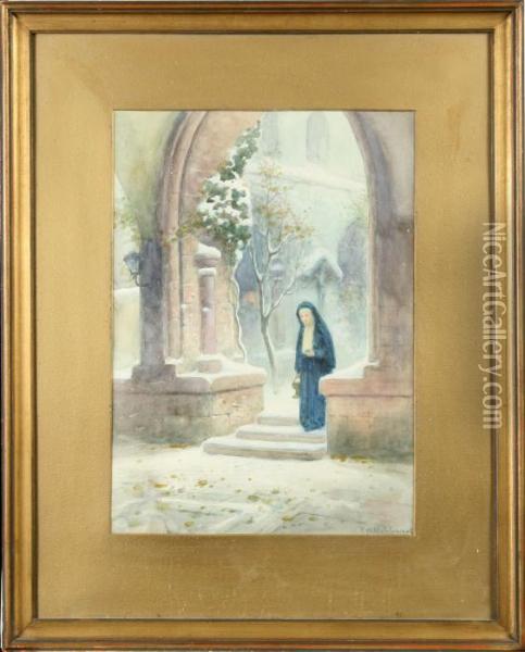 Interior Med Nunna I Klostertradgard Oil Painting - Frans Wilhelm Odelmark