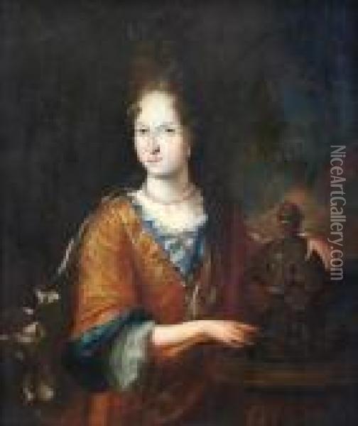 A Portrait Of Lady, Waist Length, Standing Byan Urn Oil Painting - Caspar Netscher