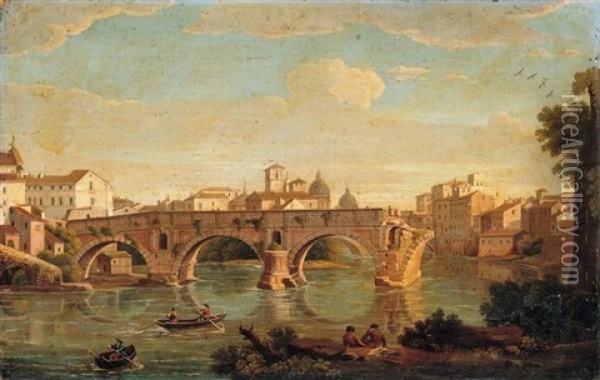 Rome, A View Of The Ponte Rotto With The Basilica Of Saint Peter's In The Distance Oil Painting - Giacomo van (Monsu Studio) Lint