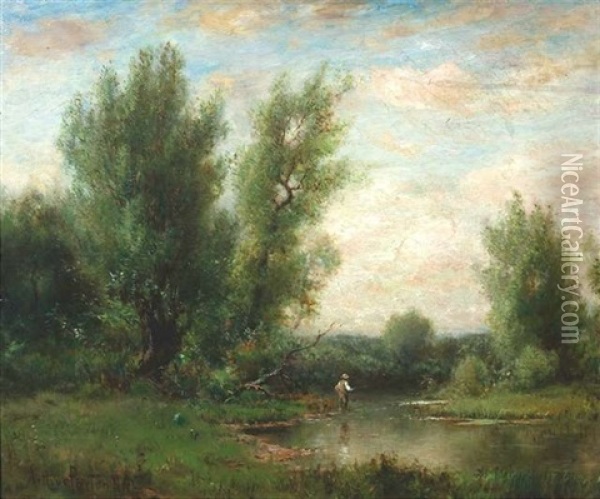 Sommerliche Flusslandschaft Mit Angler Oil Painting - Arthur Parton
