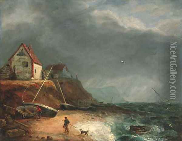Fisherfolk on the beach before an approaching storm Oil Painting - Charles, I Catton