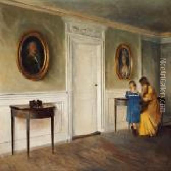 Interior From Liselund With The Artist's Daughtersreading Oil Painting - Peder Vilhelm Ilsted