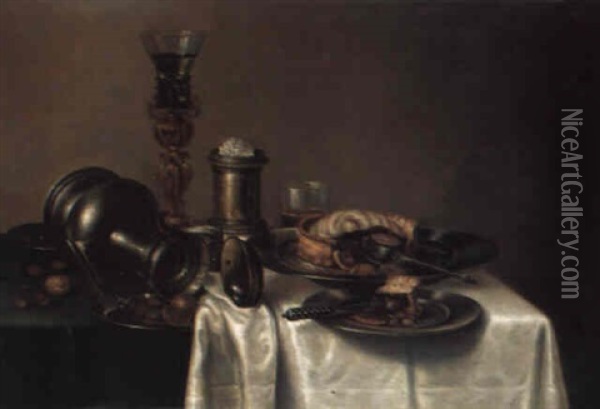 A Roemer On A Stand, An Overturned Jug...with A Pie And Nuts On A Table Oil Painting - Cornelis Mahu