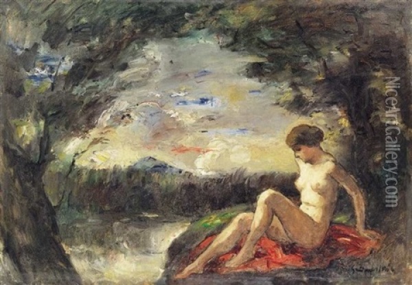 Akt A Szabadban (nude In The Open-air) Oil Painting - Bela Ivanyi Gruenwald