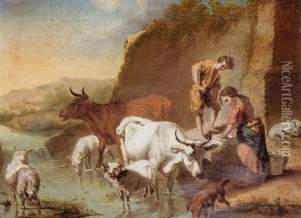 Cattle And Sheep Watering With Figures Nearby Oil Painting - George Romney