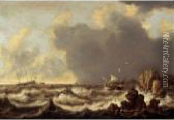 Ships At Anchor, A Sailing Boat And A Rowing Boat In Stormy Waters Oil Painting - Willem van Diest