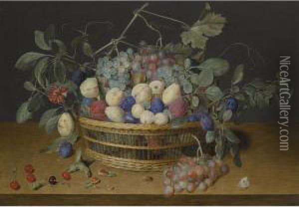Still Life With Plums, Grapes And Peaches In A Wicker Basket,with Cherries, Hazelnuts, A Beetle And A Butterfly On The Woodentabletop Beneath Oil Painting - Jacob van Hulsdonck