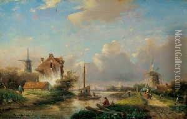 Flusslandschaft Mit Windmuhlen Oil Painting - Jan Jacob Coenraad Spohler