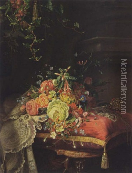 A Still Life With Flowers, Lace And Jewellery Oil Painting - Dirk Jan Hendrik Joosten