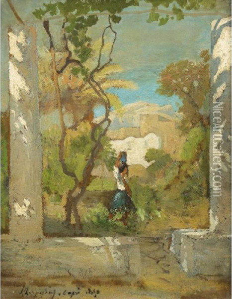 Porteuse D'eau A Capri [ ; Water
 Carrier At Capri ; Oil On Paper Laid Down On Canvas ; Signed. Bears 
Location And Date Capri 1850. Authenticated By Mrs Hellebranth. ] Oil Painting - Henri-Joseph Harpignies