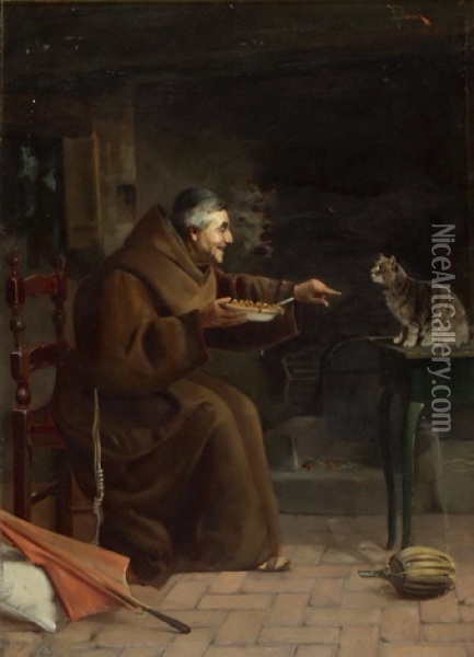 Kapuziner Ein Katzchen Futternd Oil Painting - Adolfo Bacci