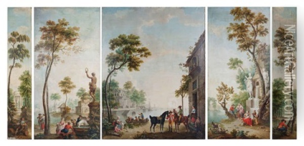Les Scenes De Parc Et De Port Animees (5 Works) Oil Painting - Pieter Norbertus Van Reysschoot